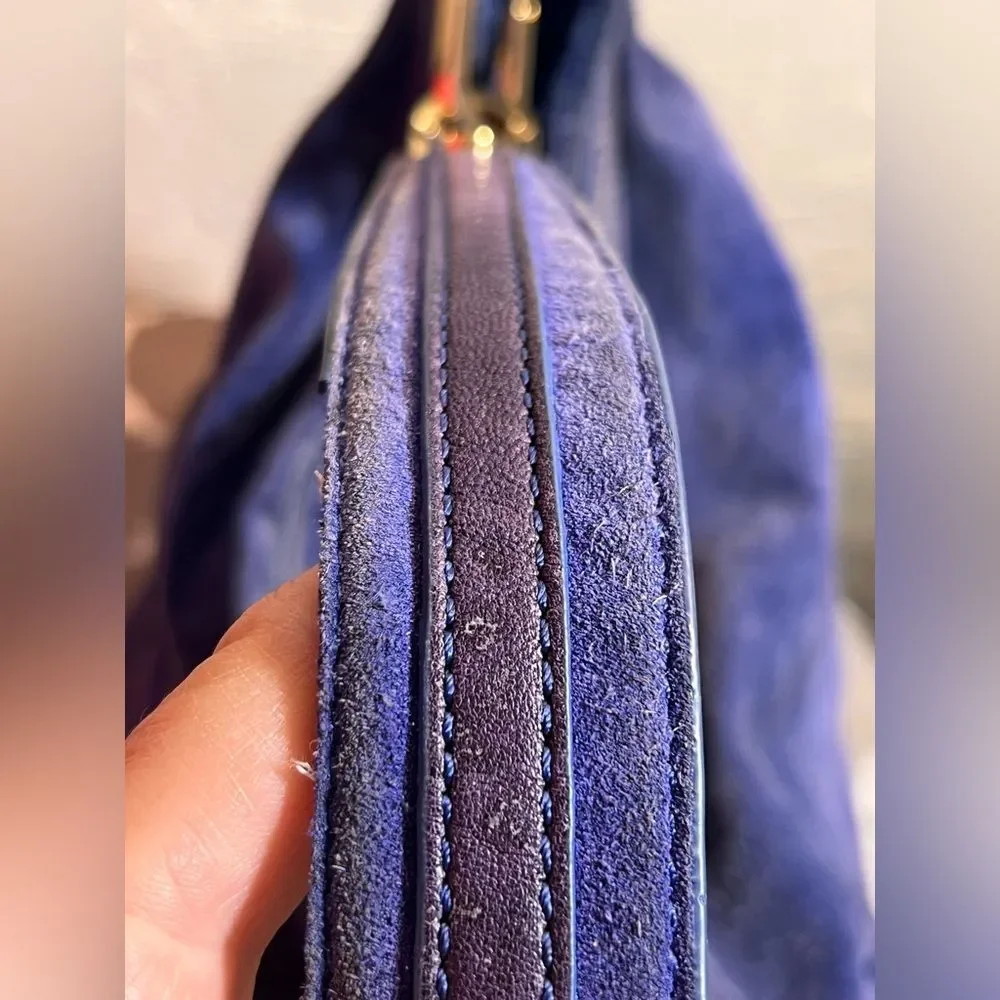 Tory Burch Suede Blue Hobo Bag leather trim gold tone hardware zip top classic